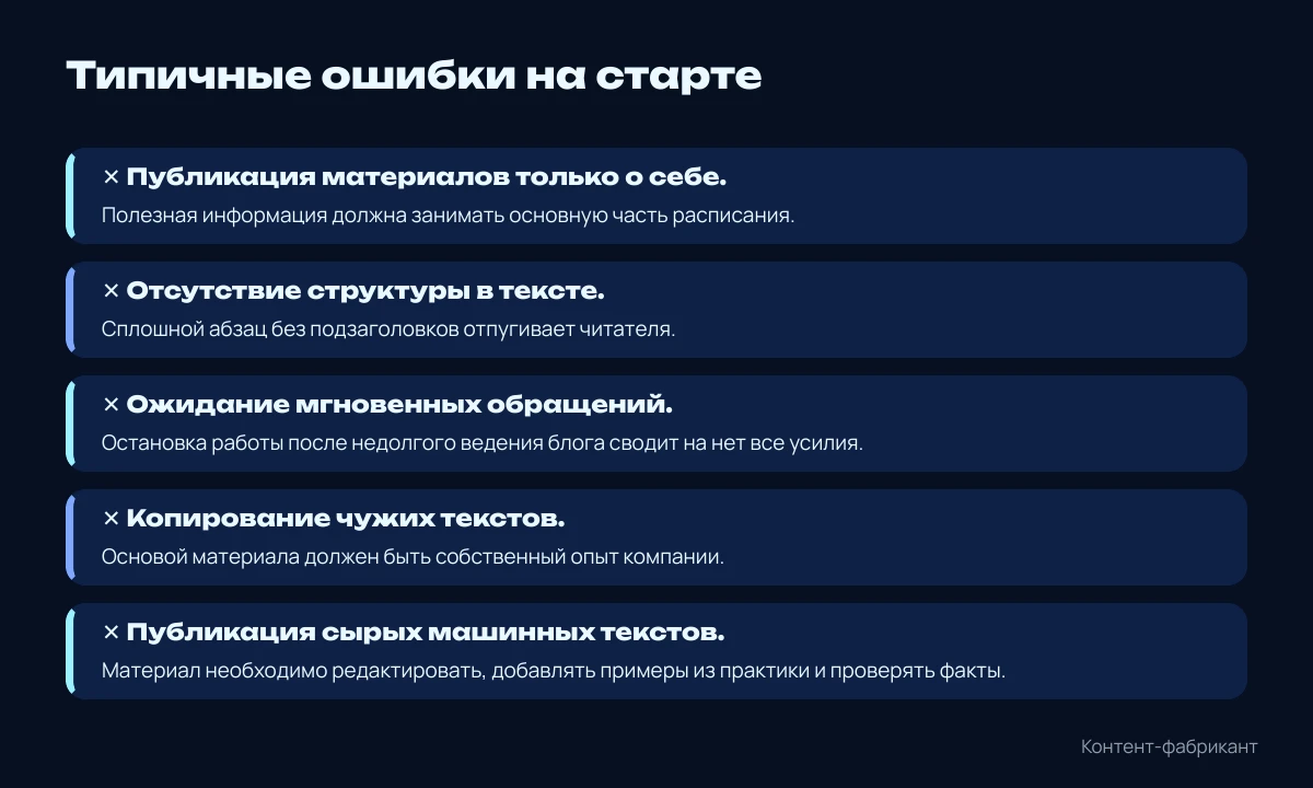Пять частых ошибок: публикация материалов только о себе, отсутствие структуры в тексте, ожидание мгновенных обращений, копирование чужих текстов, публикация сырых машинных текстов